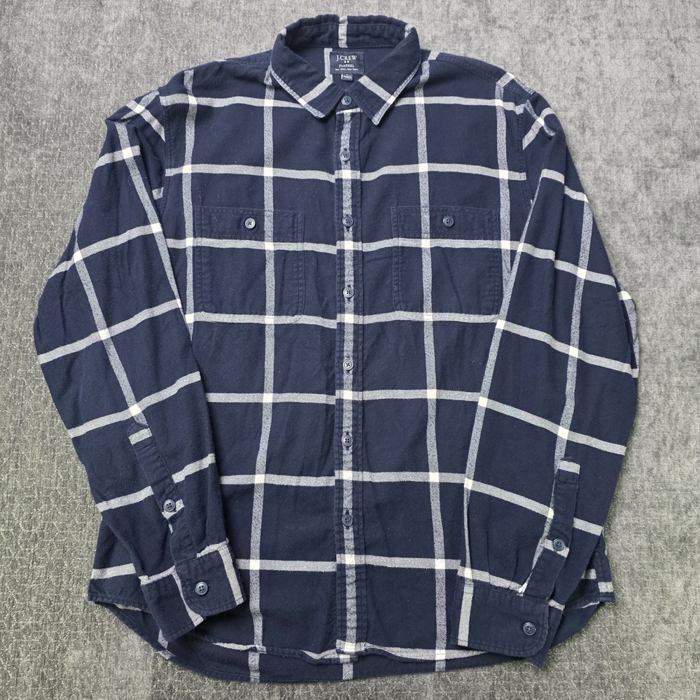 J Crew Flannel Shirt Mens Large Navy Blue White Check Cotton Outdoor Preppy L